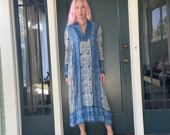 vintage 70s 80s blue indian cotton block print sheer long sleeve smock dress rare collectible size small