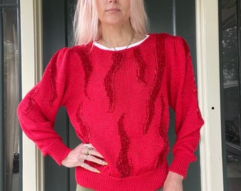 vintage 80s red metallic beaded flames pullover jumper sweater banded waist wrists boatneck chunky knit size small