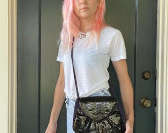 vintage 80s purple suede crocodile embossed leather flap front crossbody purse