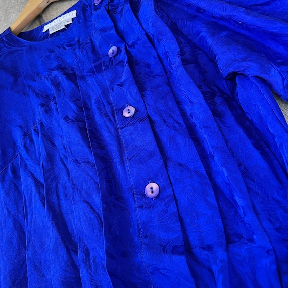 vintage 80s cobalt blue silk blouse banded waist … - image 6