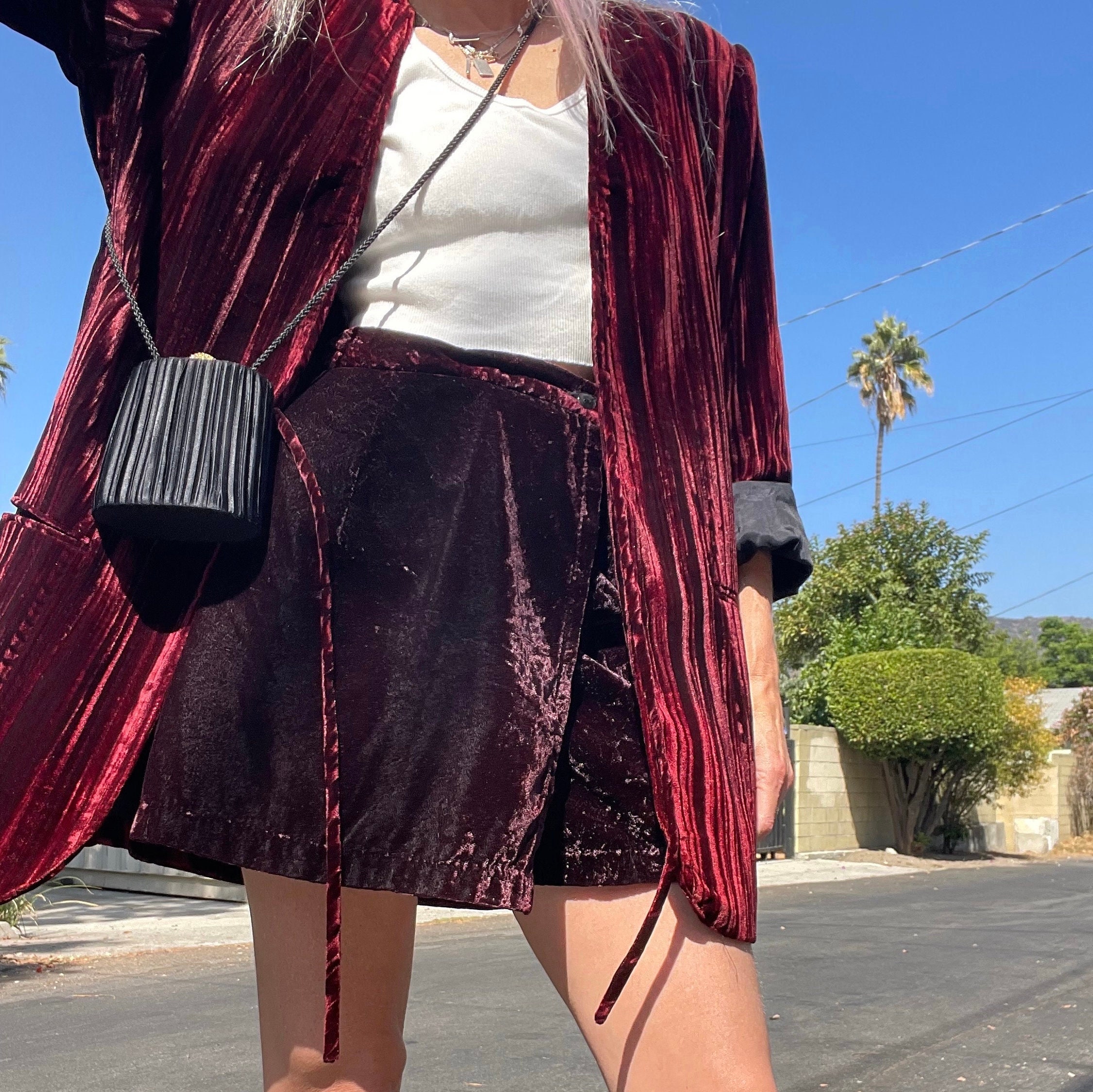 Vintage 80s Black Crushed Velvet Skort Skirt Shorts High