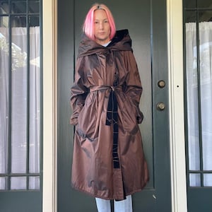vintage 80s 90s iridescent copper reversible belted hooded trench coat raincoat jacket size medium large xlarge