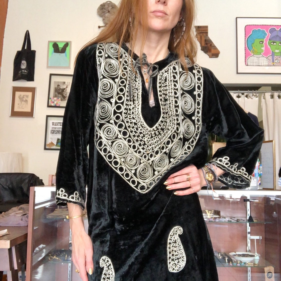 Vintage 70s Kaftan Dress Black Jersey Pale Gold Embroidery Dress Boho