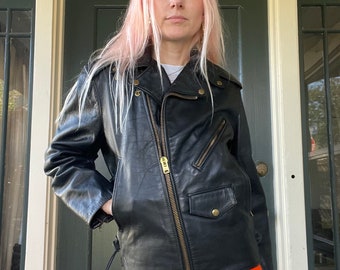 vintage 80s black leather motorcycle jacket brass hardware rockabilly rock n’ roll lace up sides size small medium 36