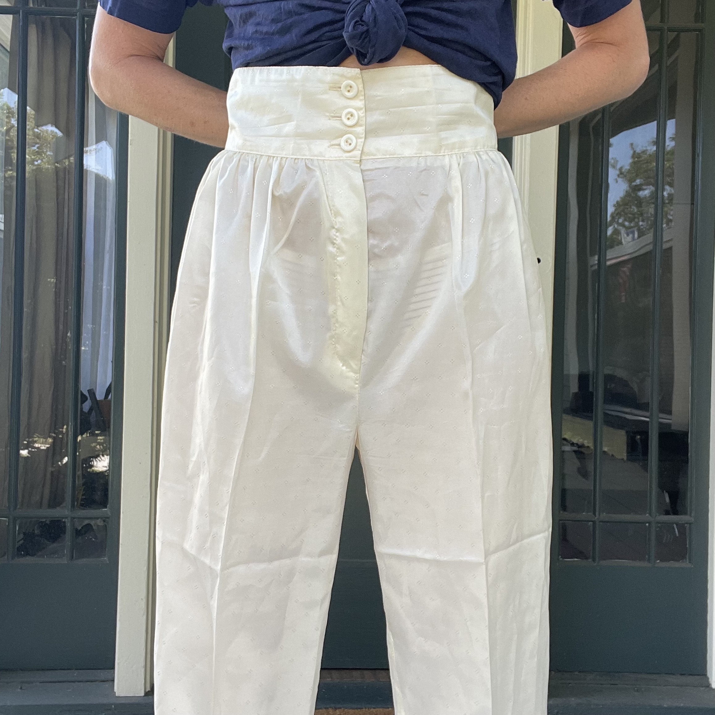 Vintage 80s Cream White Brocade High Waist Pleated Sheer