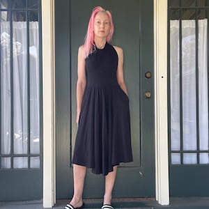 vintage 80s black cotton jersey halter high neck dress with pockets size xsmall small