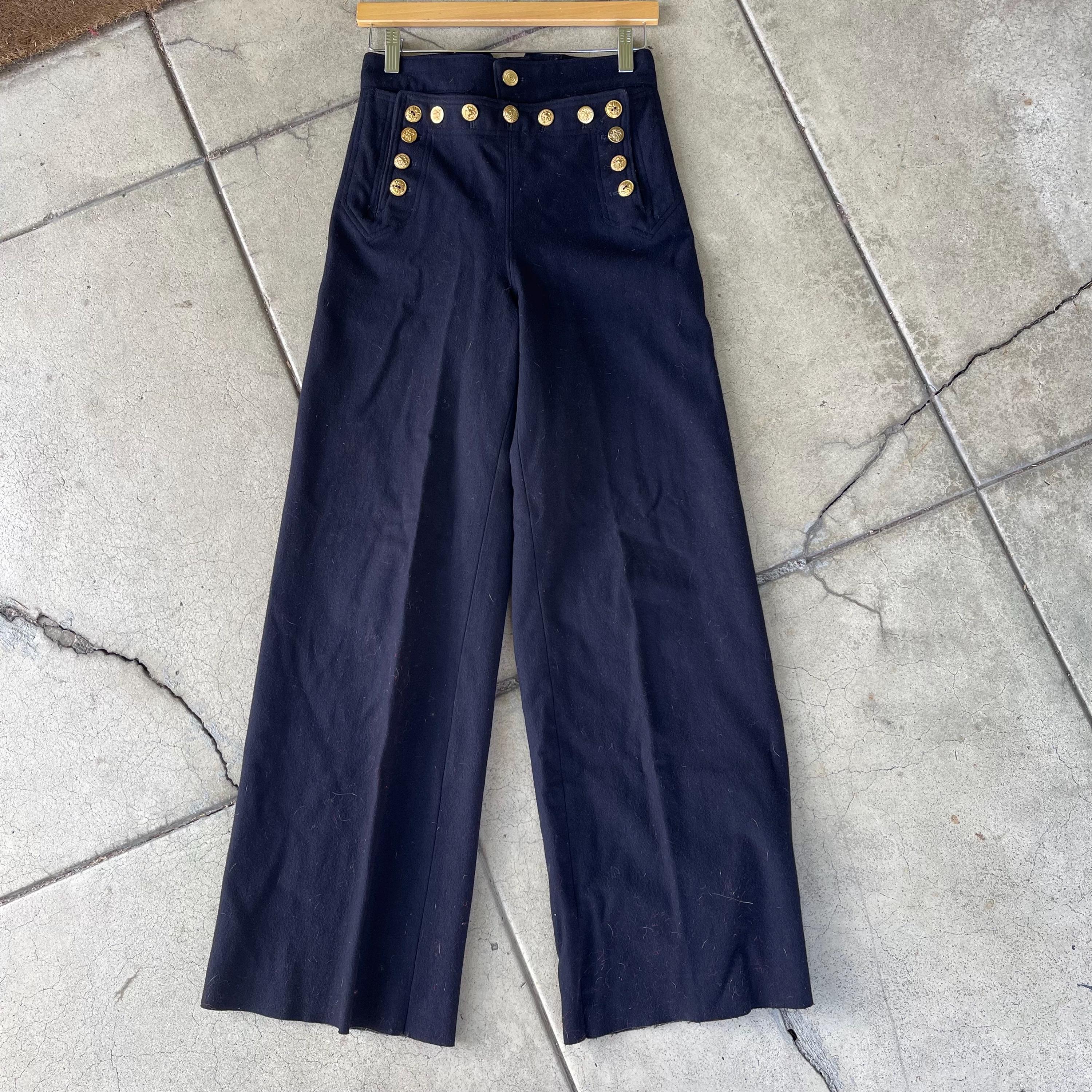 Vintage 70s Sailor High Waist Wide Leg Workwear Navy Flap