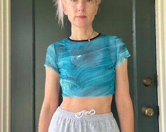 vintage y2k sheer blue turquoise water print sheer crop top size xxsmall xsmall