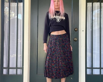 vintage 90s pleated abstract print black midi high waist skirt size medium 29
