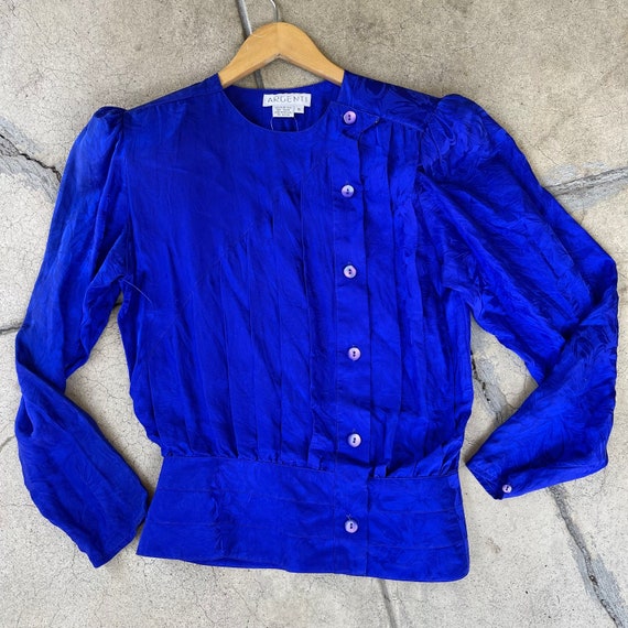 vintage 80s cobalt blue silk blouse banded waist … - image 2