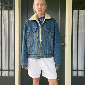 vintage 90s denim sherpa lined jean jacket faux shearling cotton coat size large xlarge