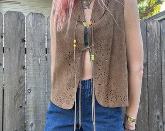 vintage 70s brown tan suede fringe hippie bohemian vest festival beading size small womens