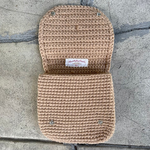 vintage 60s tan beige crochet crosstitch bag pouc… - image 6