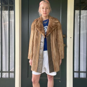 vintage 60s blonde tan panel mink fur winter coat leather inserts size small medium large
