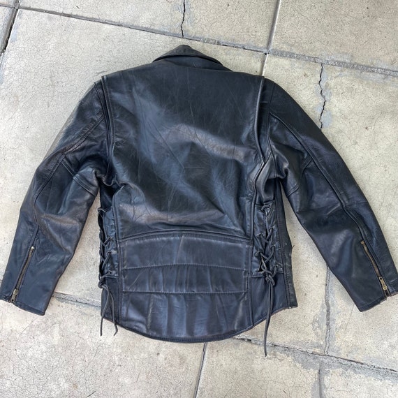 vintage 80s black leather motorcycle jacket brass… - image 6