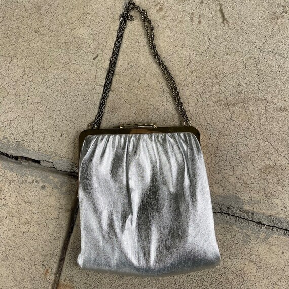 vintage 60s silver fabric fancy evening bag pouch… - image 4