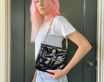 vintage 70s black patent leather structured evening bag handbag chain strap ruth saltz purse
