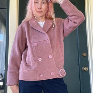 vintage 80s dusty rose wool jacket made in france drop shoulder lined winter coat outerwear size small