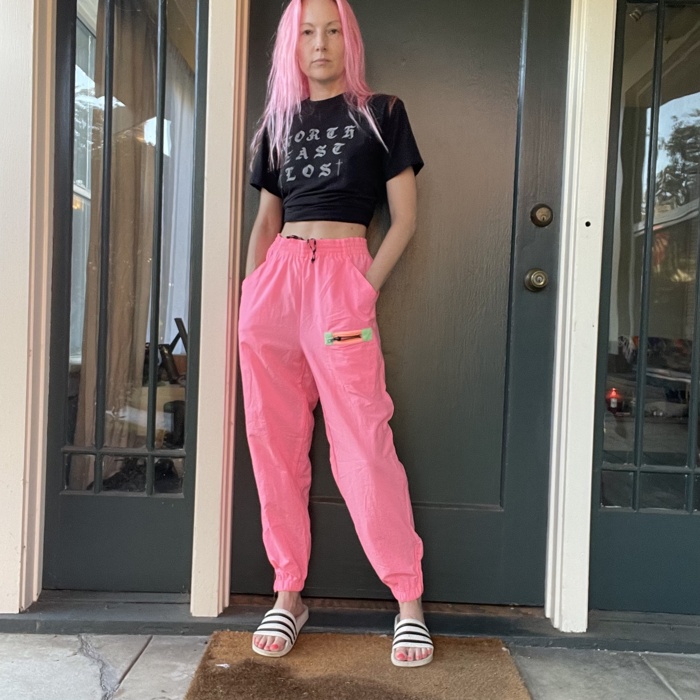 Vintage 80s Neon Pink Track Pants Joggers Nylon Workout Streetwear Size  Small Medium Large 