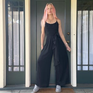 vintage 80s black flowy sheer special occasion jumpsuit romper one piece wide leg size xsmall small