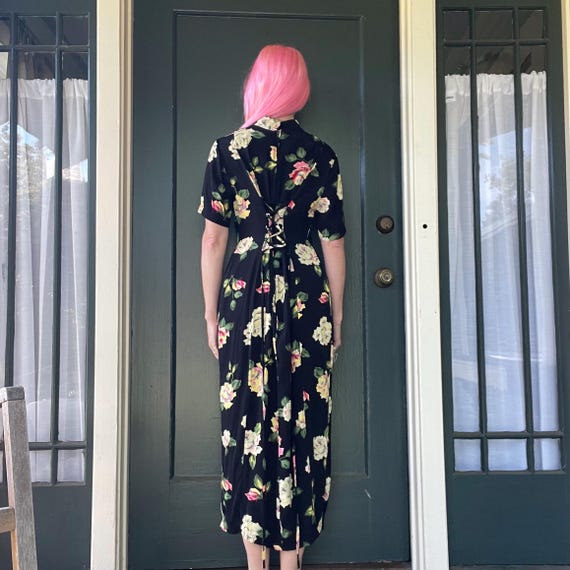 navy blue dress for baby girl Large 90s Black Tropical Floral Rayon Maxi Sundress – Flying Apple Vintage main image 1