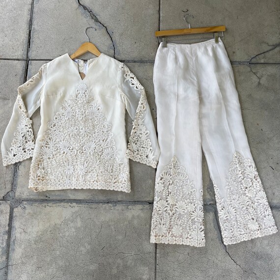vintage 60s 70s handmade cream embroidered pant s… - image 3