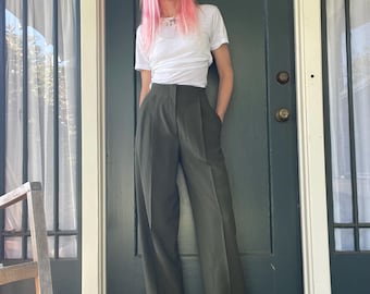 vintage 80s 90s olive green wool high waist trousers pants slacks pleated xsmall 25