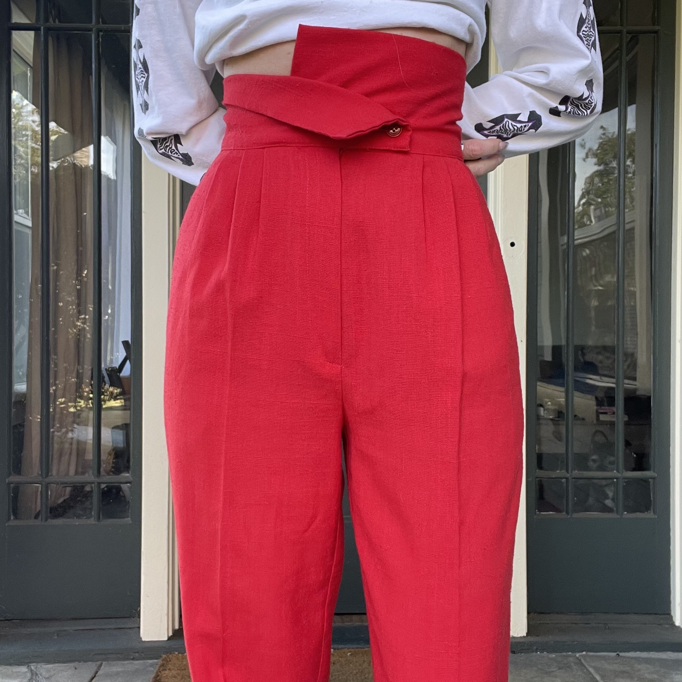 Vintage 80s Red Weave High Waist Trousers Pants Pleated Xxsmall