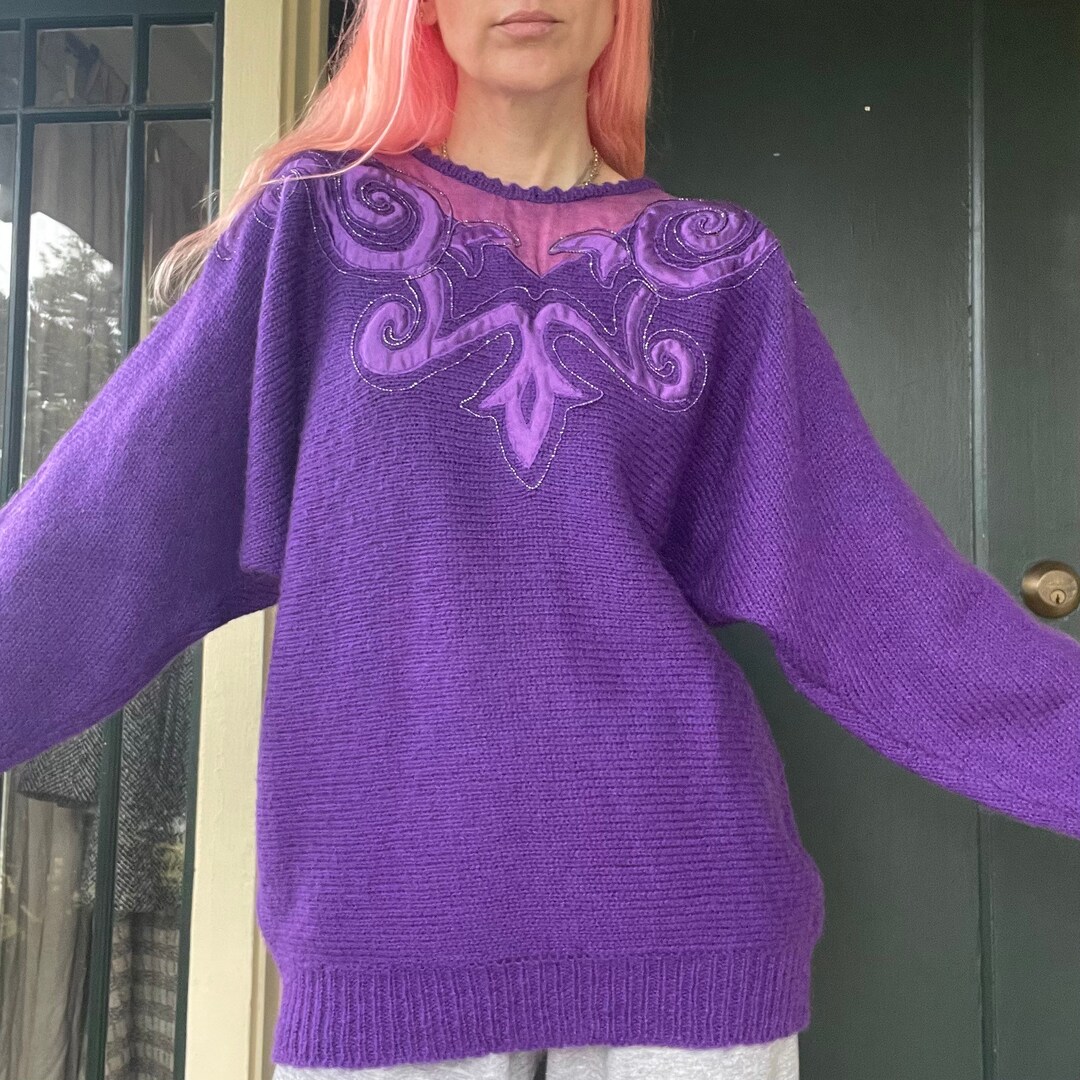 Tone Batwing Vintage 80s Size Sweater Jewel Jumper Etsy Purple - 90s Large Pullover Israel