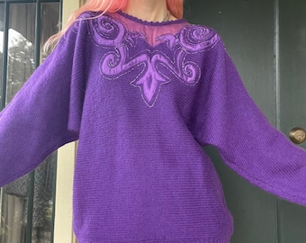 vintage 80s 90s purple jewel tone batwing sweater pullover jumper size large