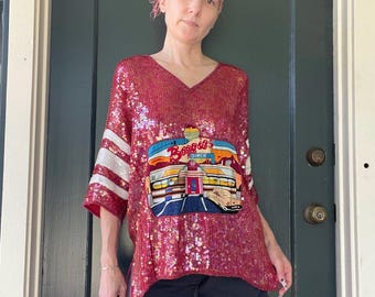 vintage 80s maroon jersey sequin silk trophy top pullover blouse aspen medium