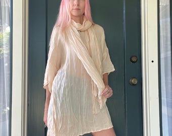 vintage 80s 90s pastel peach crinkle sheer silk mini dress tunic scarf xlarge
