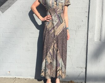 vintage 90s bias abstract art print rayon cap sleeve maxi dress size small