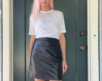 vintage 90s black leather high waist mini skirt size xsmall small 26 27