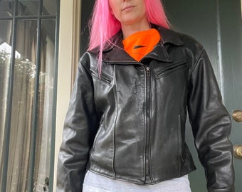 vintage 90s y2k black heavy leather motorcycle jacket fitted size medium large