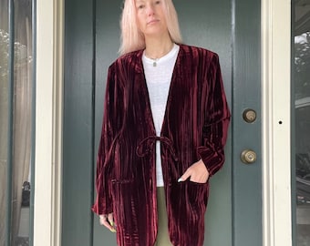 vintage 90s crushed velvet maroon wine blazer sport coat jacket size medium large