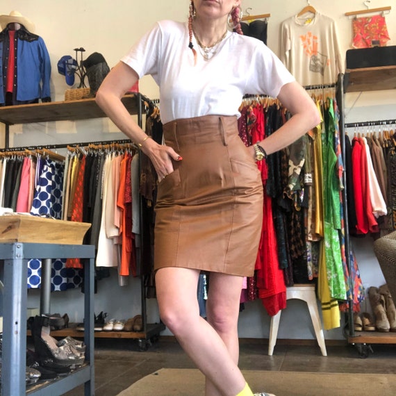 Vintage 80s Cognac Brown Leather High Waist Lined Pencil Pocketed Sexy Skirt Size Xxsmall Xsmall Etsy New Zealand