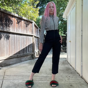vintage 80s checkered houndstooth jumpsuit jumper one piece zippered black white long sleeve size xsmall