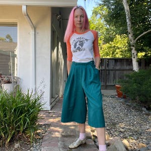 vintage 80s teal culottes pantasia brand shorts high waist wide leg size 26 27 small