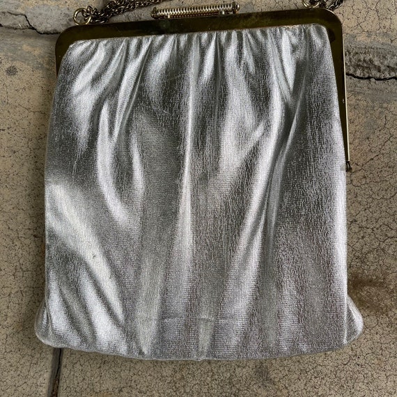 vintage 60s silver fabric fancy evening bag pouch… - image 5