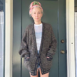vintage 80s heavy chunky knit brown heathered winter cardigan cottagecore folk sweater size medium large