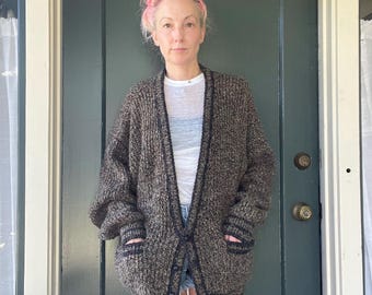 vintage 80s heavy chunky knit brown cardigan cottagecore folk sweater size medium large