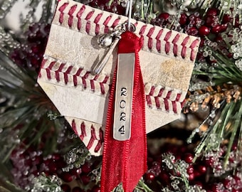 Baseball Leather- Stripes Baseball Seams - Christmas Ornament 2025 Home Plate - Personalized - Hand Stamped - Baseball Ornament