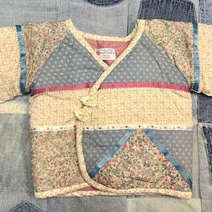 May include: A quilted baby kimono in a patchwork design. The kimono features floral, dotted, and patterned fabrics in cream, blue, and pink. It has a wrap-style closure with a bow and is trimmed with ribbons.