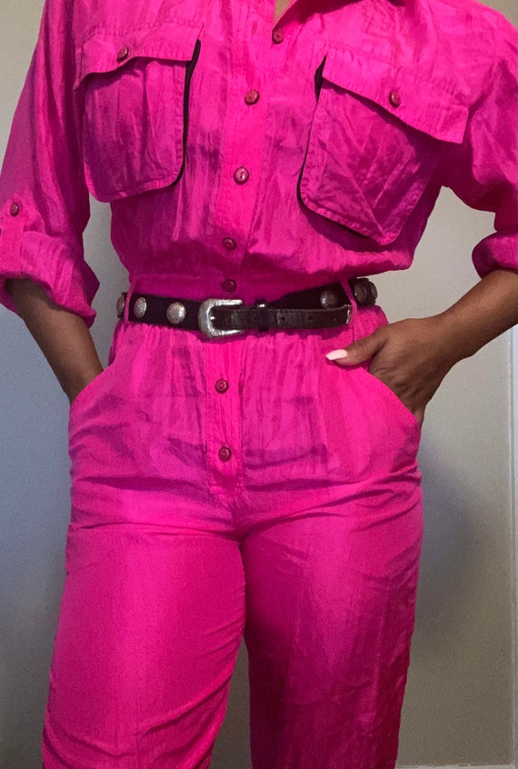 Vintage 80s-90s Hot pink silk one piece jumpsuit