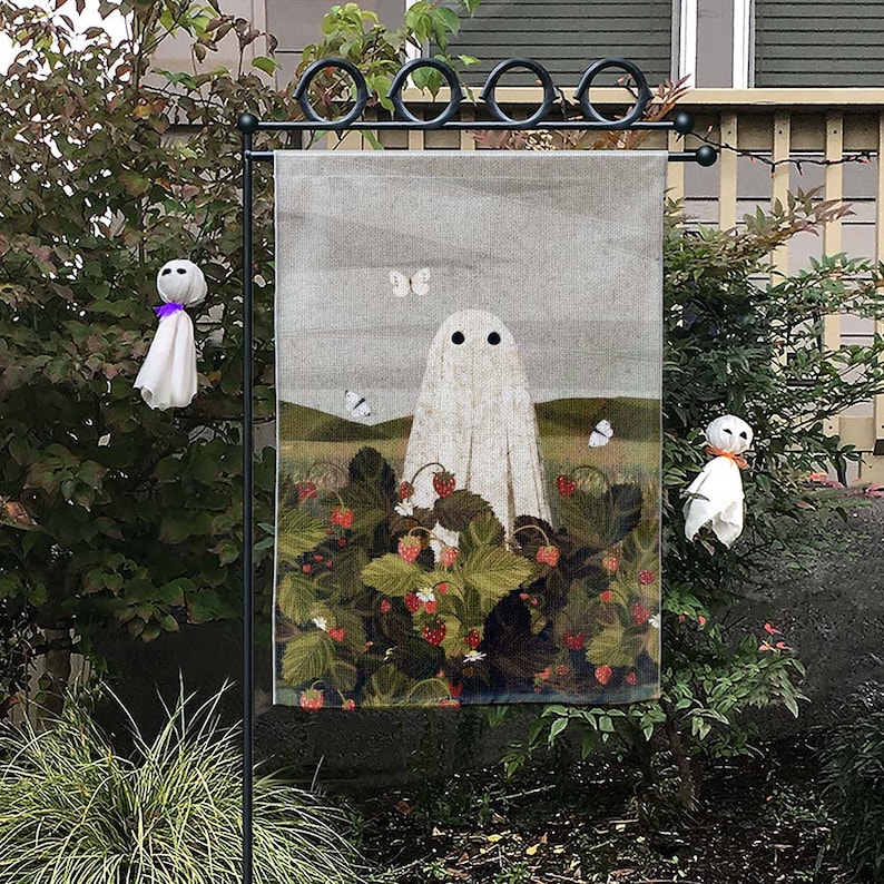 Halloween Garden Flag Decor Lil Ghost in Strawberry Garden