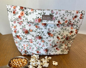 Microwavable Emily Floral Popcorn Bag, Popcorn Bag, Reusable Popcorn Bag, Reusable Snack Bag, Gift for Mom,