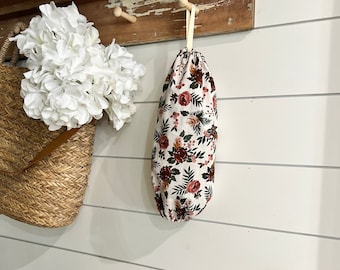 Mauve Floral Plastic Bag Holder: Hanging Cotton Kitchen Storage
