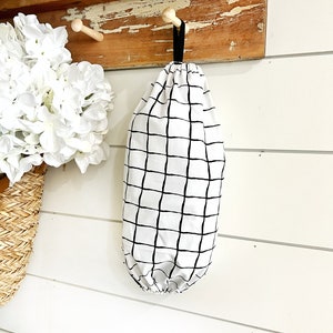 Black grid Plastic bag holder, hanging bag holder, plastic bag dispenser, kitchen bag storage, recycle bag holder, grocery bag holder