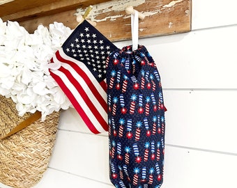 Patriotic Firecracker Plastic bag holder, hanging bag holder, plastic bag dispenser, kitchen bag storage, recycle bag holder, grocery bag